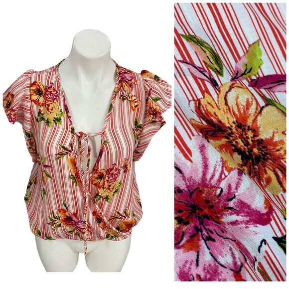 The Outfit Blouse Womens Medium Stripe Floral Surplice Work Office Beach Coastal - Picture 2 of 15